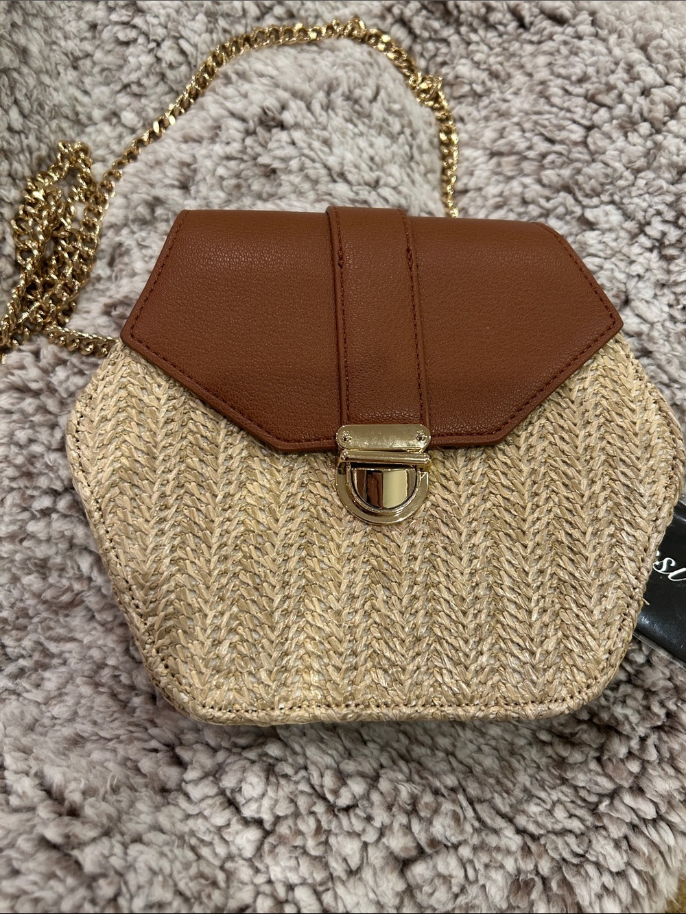 Woven Straw Crossbody Bag with Brown Faux-Leather Flap